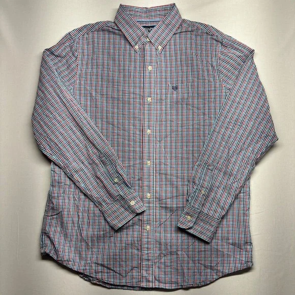 Chaps Mens Large Stretch Easy Care Button Down Shirt Red White Blue Tattersall - Picture 2 of 7